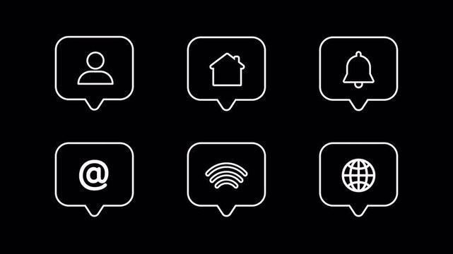 animated user home bell mail wifi globe line  icons labels  internet signs 4k video footage alpha channel
