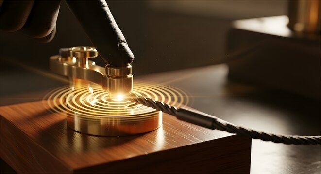 A gloved hand taps a brass telegraph key, releasing luminous golden shockwaves that visualize the immediate impact and far-reaching resonance of a single transmitted message