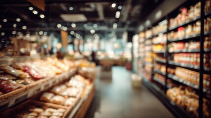 Fototapeta premium Blurred view of grocery store aisle with shelves of food products