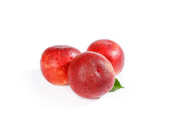 Obraz premium Fresh Red Nectarines with Water Drops on White Background - Imported Stone Fruit from Chile Australia