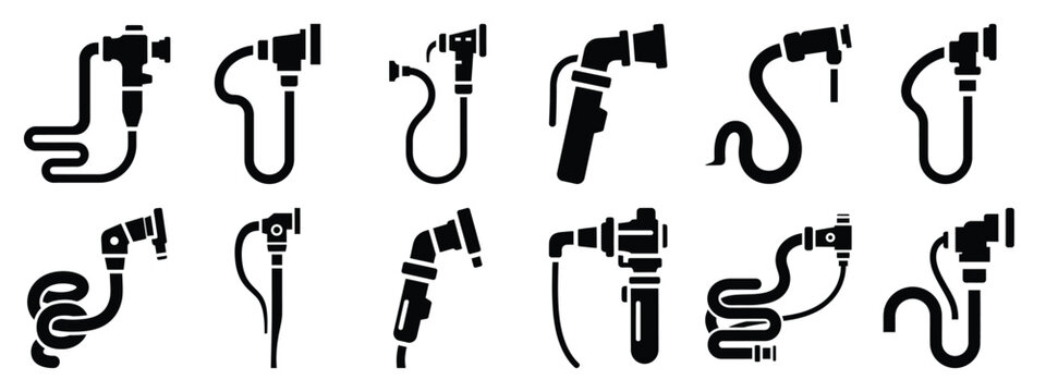 Minimalist black silhouette icon set of a colonoscopy scope . simple black flat vector style for medical and fitness icons concept.