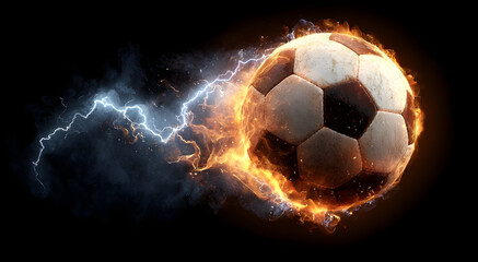 Naklejka premium Soccer ball flying through air surrounded by intense orange fire flames and blue electric lightning on black backdrop