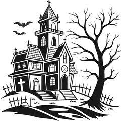 Fototapeta premium Scary haunted house with graveyard fence and full moon background icon