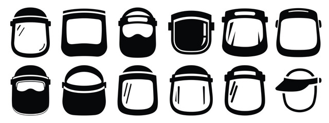 Minimalist black silhouette icon set of a face shield . simple black flat vector style for medical and fitness icons concept.