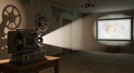 Fototapeta premium A vintage film projector casts a luminous beam through swirling dust in an abandoned room, a powerful metaphor for the persistence of memory and the ghostly echoes of cinematic history
