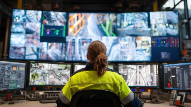 Caucasian female in control room overseeing multiple surveillance monitors