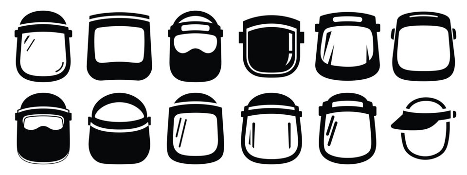 Minimalist black silhouette icon set of a face shield . simple black flat vector style for medical and fitness icons concept.