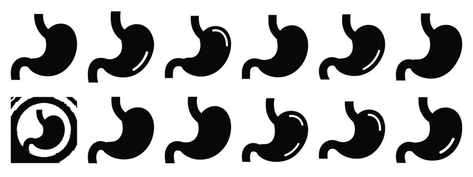 Minimalist black silhouette icon set of a gastroenterology stomach . simple black flat vector style for medical and fitness icons concept.