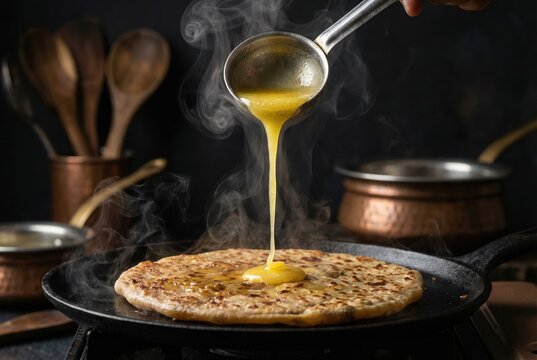 Hot Indian paratha being drizzled with fresh ghee