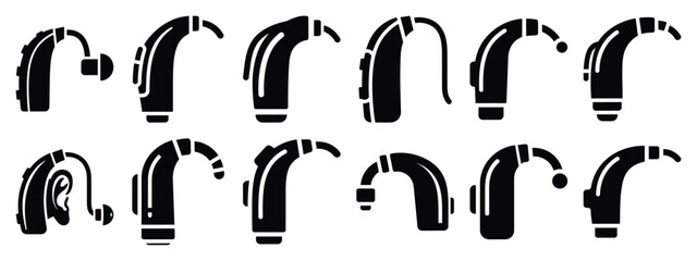 Minimalist black silhouette icon set of a hearing aid . simple black flat vector style for medical and fitness icons concept.
