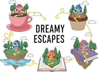 Fototapeta premium Dreamy Escapes Concept Illustration of Fantasy Floating Worlds Featuring Houses on a Cupcake, Coffee Cup, Open Book, and Island