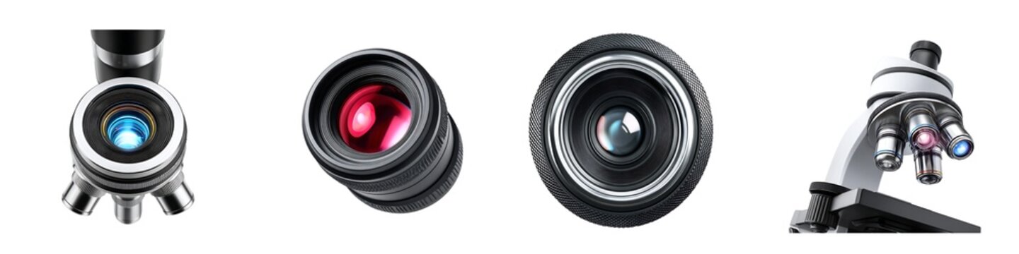 Set of camera lenses and microscope isolated on transparent background