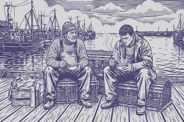 Two fishermen taking a meal break on a wooden pier. Detailed vector illustration of a harbor scene with boats, rendered in a classic vintage engraving style.