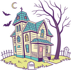 Fototapeta premium Haunted victorian house with bats and moon, spooky graveyard scene design