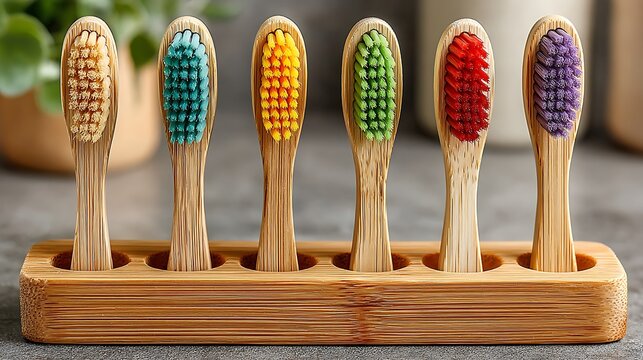 Natural bamboo toothbrush in rainbow bristles high resolution picture
