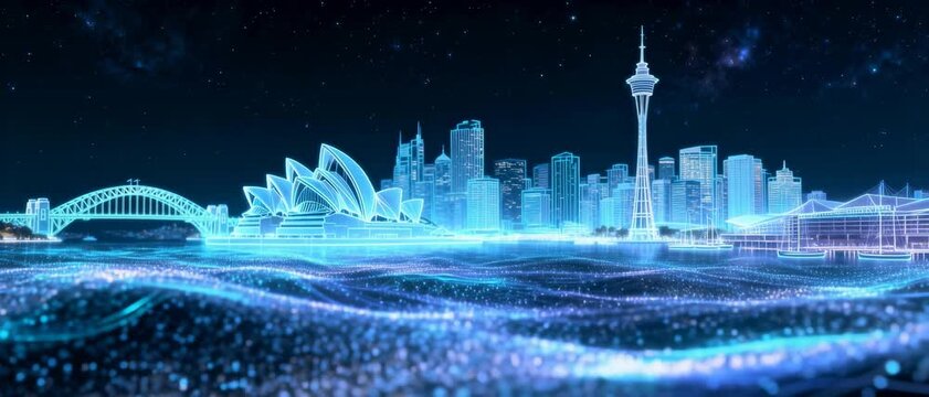 Futuristic Glowing Sydney Skyline at Night with Digital Wave Patterns and Starry Sky Background