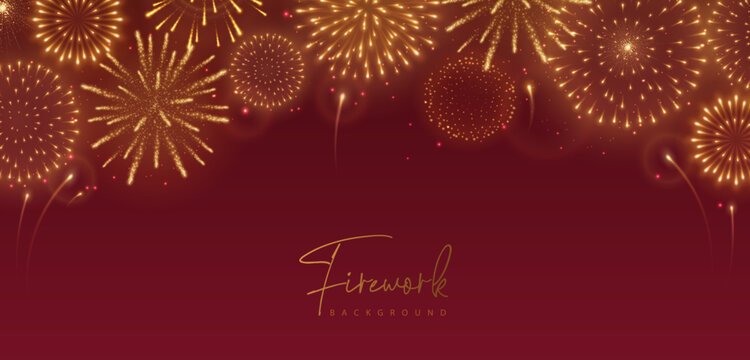 Holiday golden neon firework explosion isolated on red background. Independence day, New Year, traditional festival or event celebration. Vector illustration