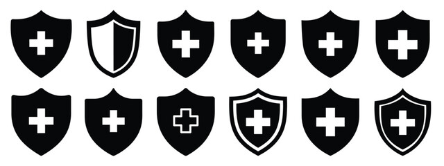 Minimalist black silhouette icon set of a medical shield . simple black flat vector style for medical and fitness icons concept.