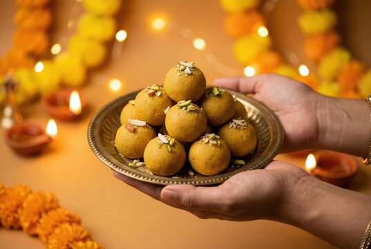 Person holding a plate of besan ladoo for Indian festival