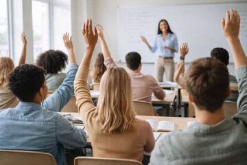 Obraz premium Group of diverse students raising hands in a classroom while female teacher presents information on a whiteboard, desks and books visible in the learning environment