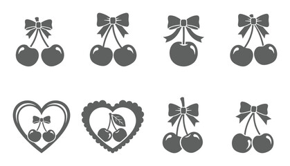Grey cherry bow and heart decorative silhouette elements set