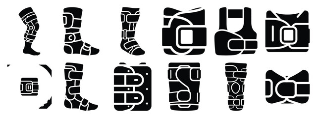 Minimalist black silhouette icon set of a orthopedic brace . simple black flat vector style for medical and fitness icons concept.