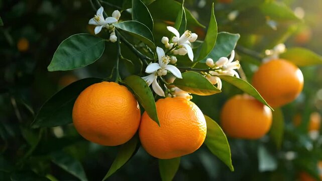 Orange tree with blossoms and fruit.