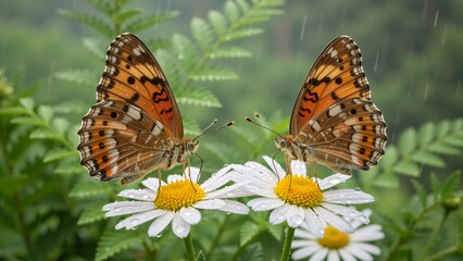 Two butterflies on white daisy flowers in the rain. Orange butterflies pollinating flowers with water droplets. Spring nature concept
