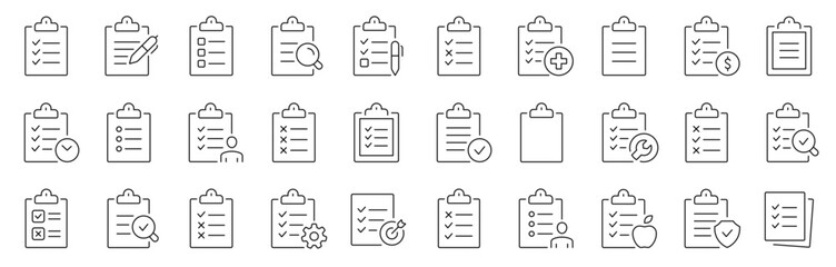 Clipboard and checklist with check boxes thin line icons set. Editable stroke. Vector illustration © warmworld