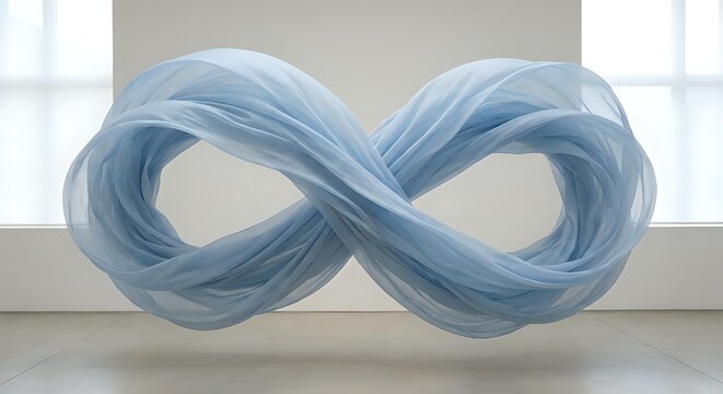 Translucent blue fabric flowing in infinity symbol shape against minimalist white interior background representing endless possibilities and continuity.