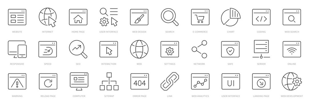 Website thin line icon set. Website symbol. Web, internet, search, homepages icons. Editable stroke. Vector illustration