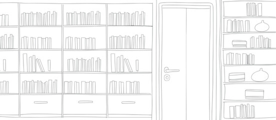 Bookshelves with books and a door bookshelf library room © MstMoksada