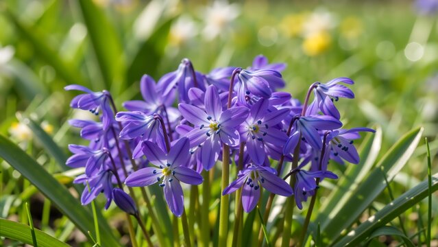 Cluster of purple Siberian squill flowers blooming in a sunlit garden. Spring wildflowers in a green meadow. Close up of scilla siberica