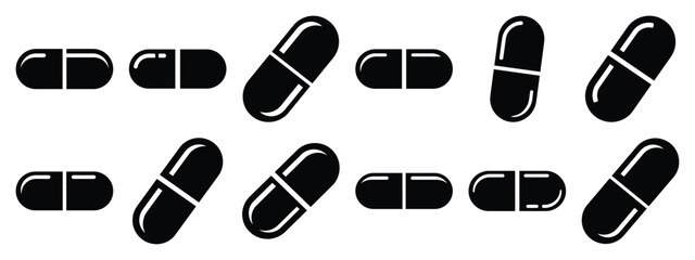 Minimalist black silhouette icon set of a pill capsule . simple black flat vector style for medical and fitness icons concept.