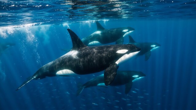 Pod of orcas swimming underwater in deep blue ocean. Killer whales with sunlight rays filtering through water. Marine wildlife and aquatic ecosystem concept