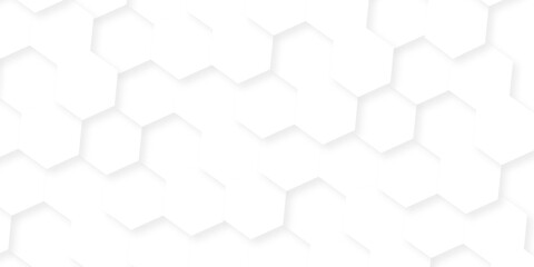 Fototapeta premium Abstract white hexagon grid presentation surface mosaic tiles. minimal tech bee website science element grid overlay. white hexagon futuristic technology geometric texture background.