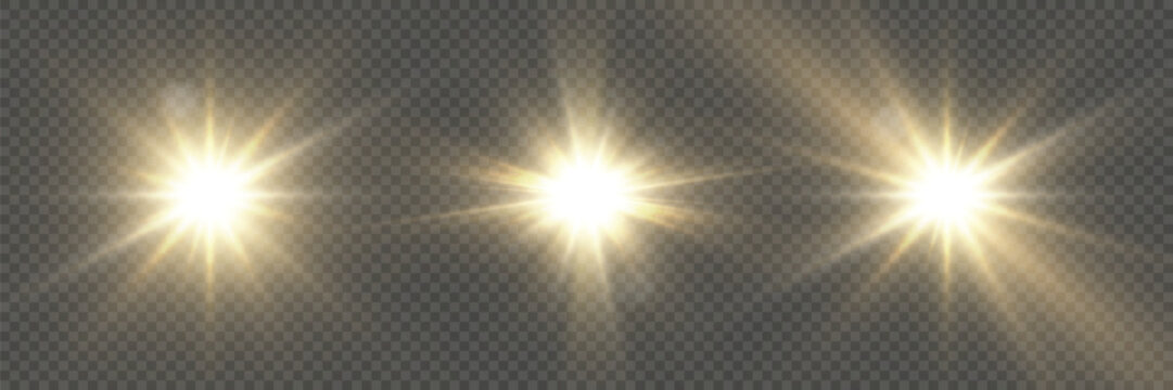 Vector transparent light beams. Light png. Special flash light effect. Glowing sunbeams effect, bright sun or spotlight beams. Decor element isolated on transparent background.