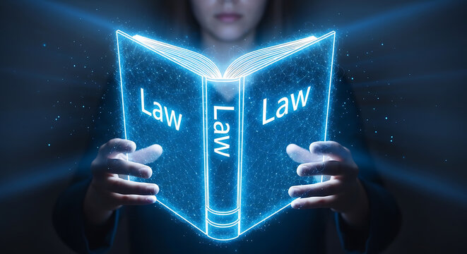 Professional holding a glowing digital book displaying the word law in bright blue light representing legal knowledge and virtual jurisprudence technology concepts