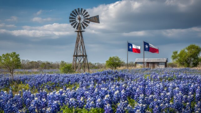 Windmill stands in bluebonnet field with Texas flags in the background on a sunny day in Texas with clouds in the sky
