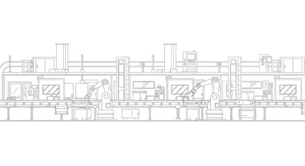Obraz premium Detailed schematic illustration of an automated industrial manufacturing production line with robotic arms and machinery.