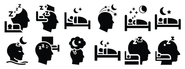 Minimalist black silhouette icon set of a sleep clinic . simple black flat vector style for medical and fitness icons concept.