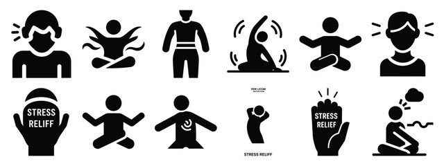 Obraz premium Minimalist black silhouette icon set of a stress relief . simple black flat vector style for medical and fitness icons concept.
