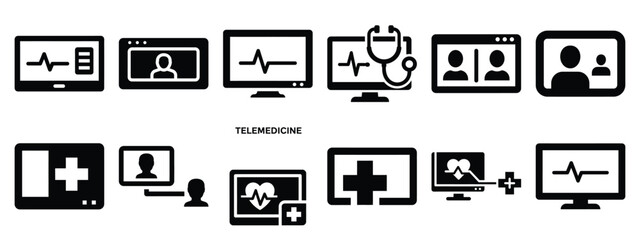Minimalist black silhouette icon set of a telemedicine screen . simple black flat vector style for medical and fitness icons concept.