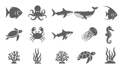 Fototapeta premium Grey marine life silhouette icon set with fish sharks and octopus