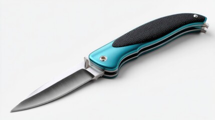 Obraz premium Pocket Knife: A sleek, modern pocket knife with a vibrant blue handle and sharp, polished blade, symbolizing readiness and practicality.