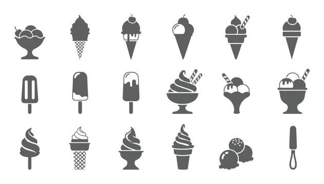 Grey frozen dessert and sweet treat silhouette icon set
