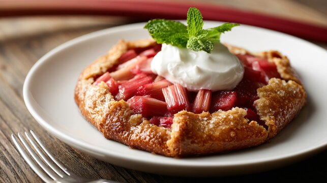 Rhubarb galette served with whipped cream dollop, rustic wooden table, comforting dessert pairing