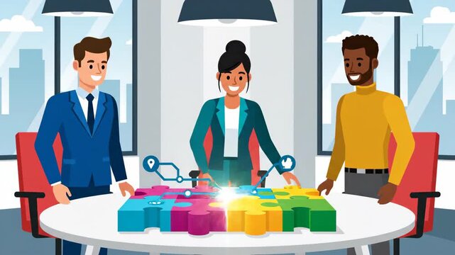Diverse team collaboration completing jigsaw puzzle animation illustrating business strategy and innovation solution in modern office cartoon style