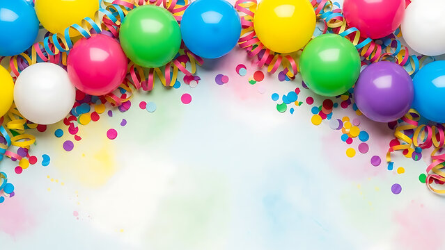Celebration Decorations, Colorful Balls and Confetti, Festive Party, Fun Environment, Top View, Joyful Atmosphere