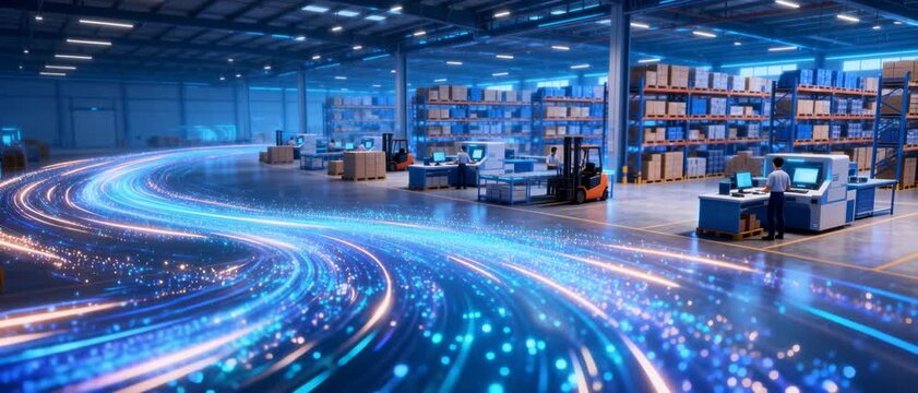 Modern Warehouse with Automated Logistics and Digital Data Flow Visualization for Efficient Supply Chain Operations